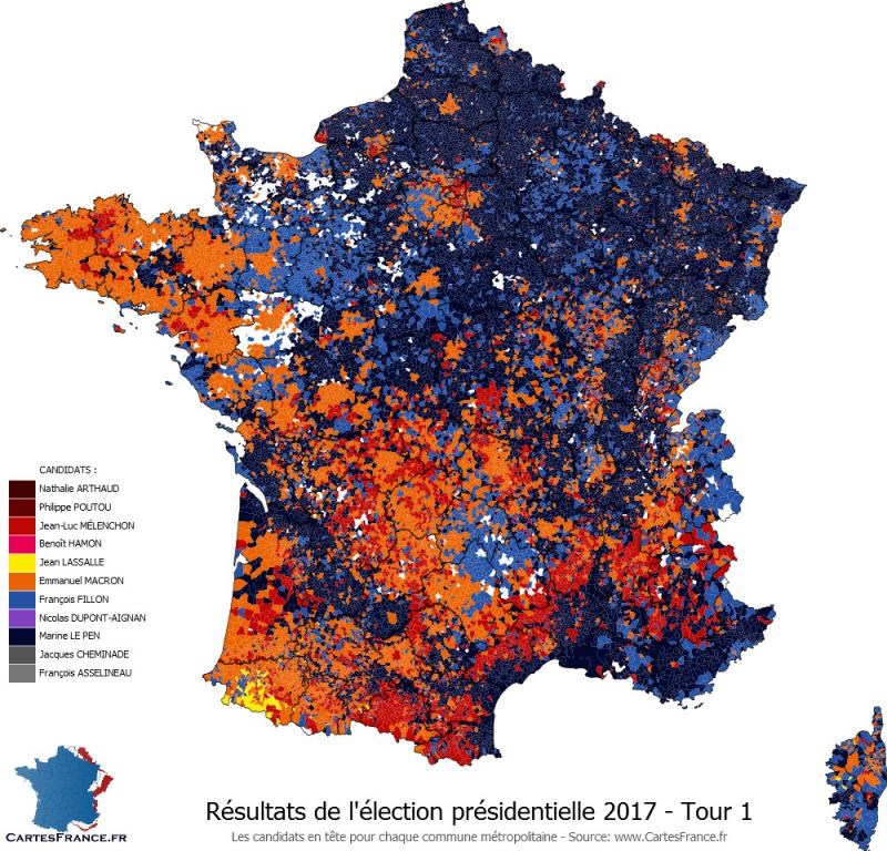 Mapa distribución territorial del voto en la primera vuelta de las elecciones presidenciales de 2017 