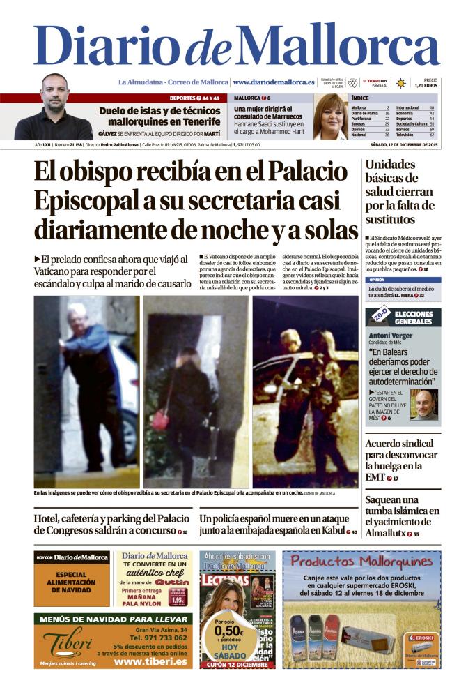 Portada del Diario de Mallorca con las fotos del obispo y su secretaria. 