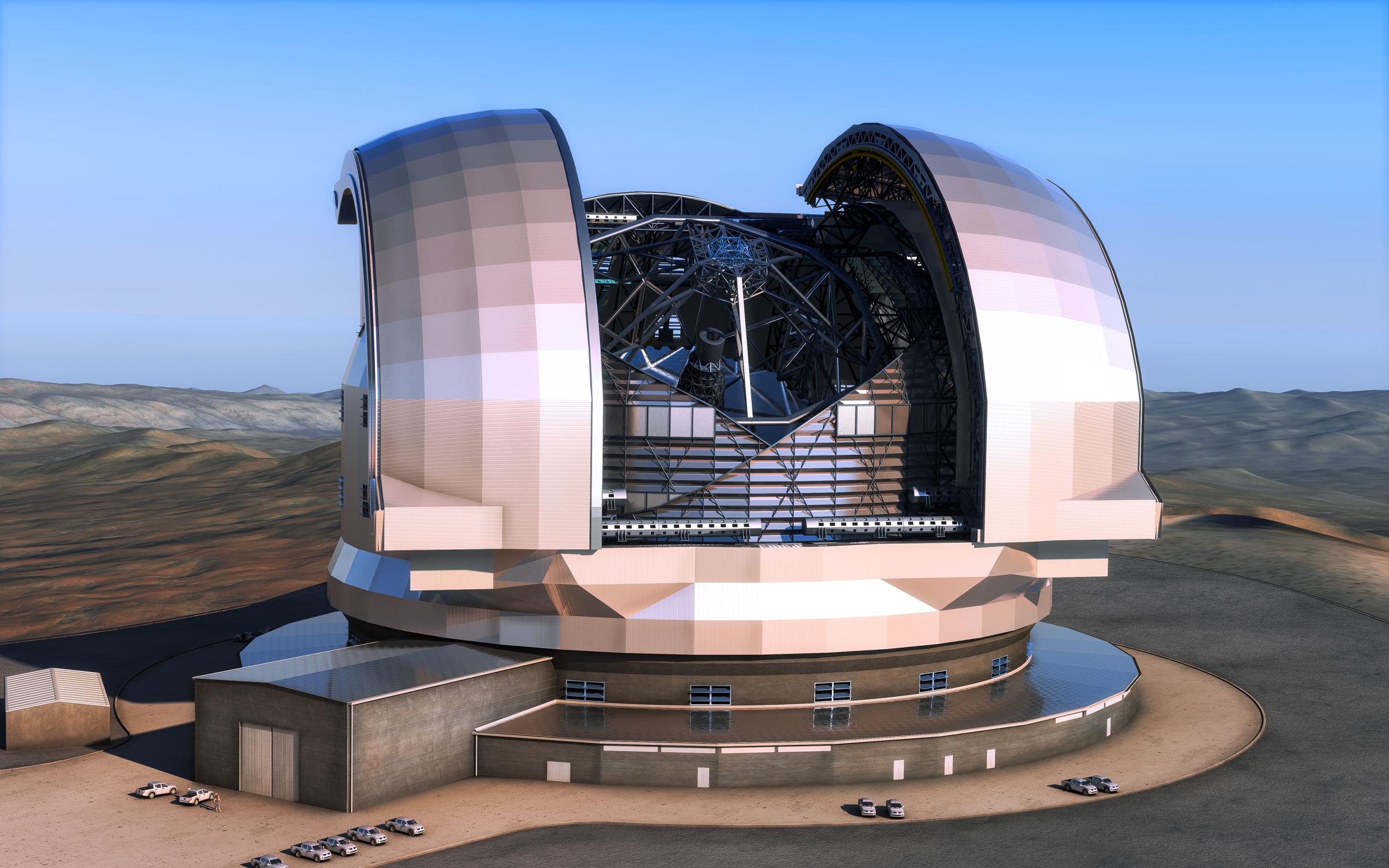 Ilustración del futuro telescopio gigante E-ELT, del Observatorio Europeo Austral (ESO), que se instalará en Chile. El espejo principal del telescopio medirá 39 metros de diámetro.