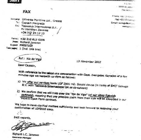 Fax de la oferta de la compañía de salvamento holandesa a la armadora del Prestige, en el que se incluye los servicios del remolcador contratado por Fomento.