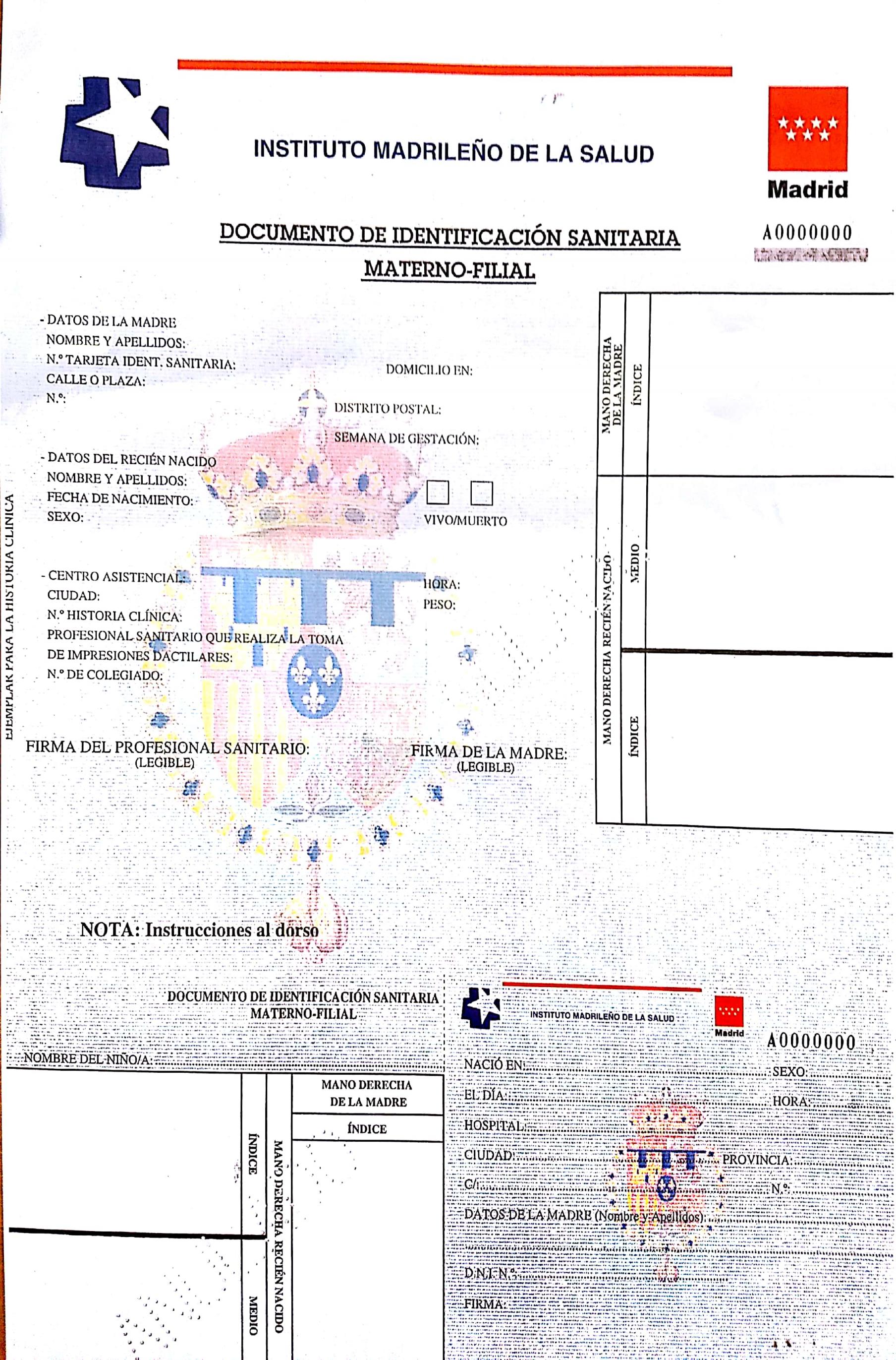 Documento de Identificación Sanitaria materno-filial del Insituto Madrileño de la Salud.