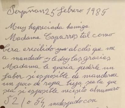 Un fragmento de la carta de E.M. a la Asociación de Amigos de los Antiguos Refugiados Españoles.