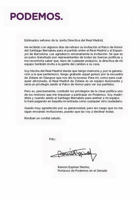Carta abierta de Ramón Espinar al Real Madrid