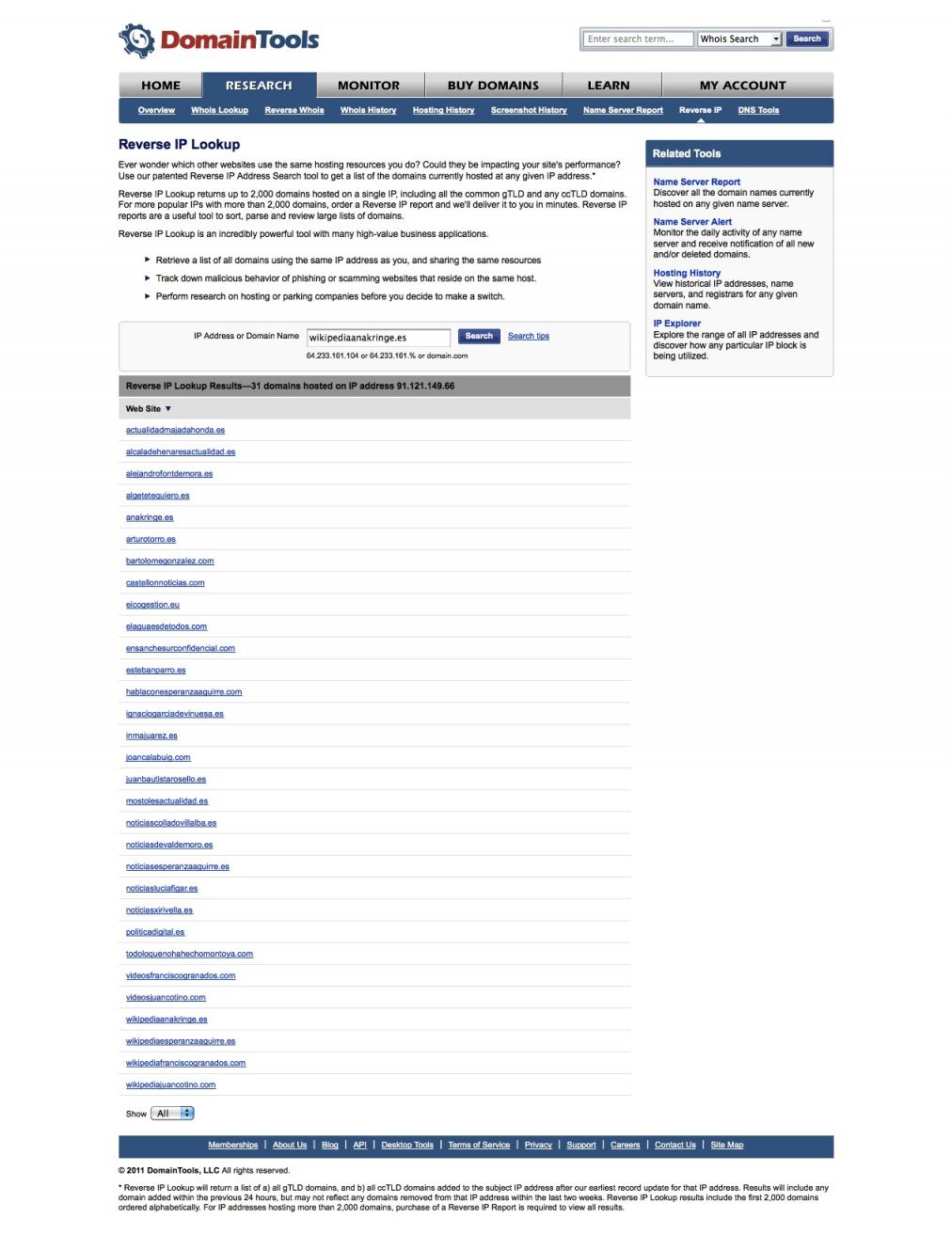 Lista de páginas gestionadas por De Pedro en 2011. 