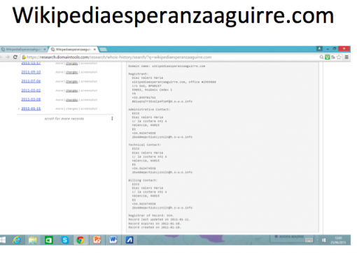 Historial de registro del dominio Wikpediaesperanzaaguirre.com, gestionado por EICO. 
