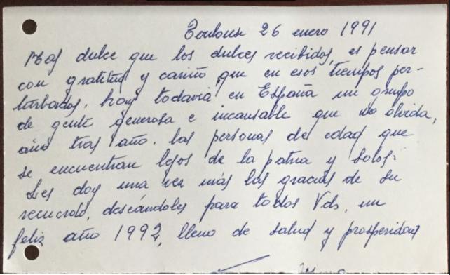 Carta de un refugiado a la asociación en 1991.