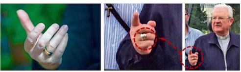 Un detalle de la mano del obispo. En la primera foto, solo lleva el anillo episcopal. En la segunda, se aprecia una alianza añadida. / Cortesía Diario de Mallorca