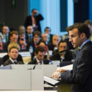 <p>Macron, durante la Alta Conferencia para las finanzas sostenibles en la Comisión Europea. 22 de marzo de 2018, Bruselas. </p>