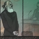 <p>Boceto del juicio a Julian Assange. </p> (: Max Gede)