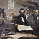 <p>Marx y Engels en la imprenta de la Nueva Gaceta Renana, órgano en 1848 y 1849 de la Liga de los Comunistas.</p>
