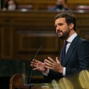 <p>El líder del Partido Popular, Pablo Casado, durante su intervención en el Pleno del Congreso. </p>