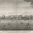 <p>Grabado de Cádiz con la Torre del Sagrario a la izquierda y la reconstrucción de las murallas en el S.XVIII.</p>