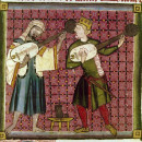 <p>Imagen de Cantigas de Santa María de músicos europeos e islámicos del siglo XIII tocando instrumentos de cuerda. Cántico n°120. siglo 13.</p>