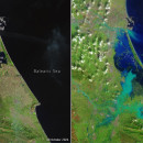 <p>Imágenes captadas por el satélite US Landstat-8 de Valencia el 8 de octubre (izq.) y el 30 de octubre, durante la DANA (dcha.). / <strong>USGS, procesado por la ESA</strong></p>