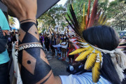 <p>Indígenas se manifiestan para denunciar las ilegalidades cometidas por el Ministerio de Medio Ambiente (Brasilia).</p>