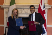 <p>Giorgia Meloni y Rishi Sunak, durante una visita de la primera ministra a Londres, el 27 de abril de 2023. / <strong>Simon Dawson (No 10 Downing Street)</strong></p>