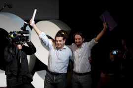 Pablo Iglesias (derecha), secretario general de Podemos, y Alexis Tsipras, líder de Syriza, durante la presentación de Podemos en Madrid.
