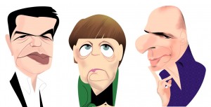 <p>Tsipras, Merkel y Varoufakis. </p>