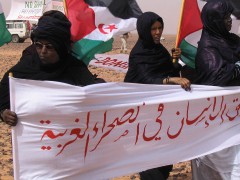 <p>Mujeres saharauis protestan en 2005 en la II Marcha internacional contra el Muro de la Verguenza que divide el Sahara Occidental.</p>