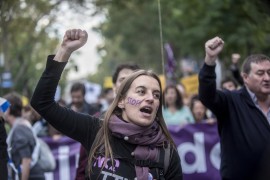 <p>Cabecera de Podemos en la reciente manifestación contra el TTIP y el CETA.</p>
<p> </p>