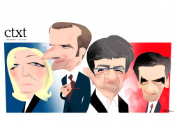 <p>Caricaturas de Marine Le Pen, Emmanuel Macron, Jean-Luc Mélenchon y François Fillon.</p>