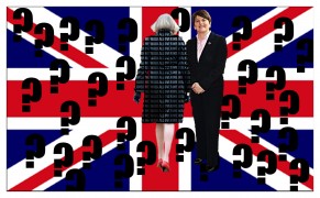 <p>Fotomontaje con Theresa May de espaldas y la líder Arlene Foster. </p>