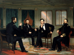 <p>Abraham Lincoln, en una reunión con el alto mando de la Unión, durante los últimos días de la Guerra Civil Americana.</p>