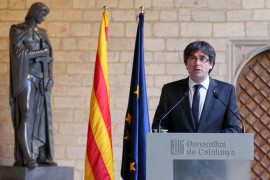 <p>Comparecencia de Carles Puigdemont en el Palacio de la Generalitat, el 26 de octubre.</p>