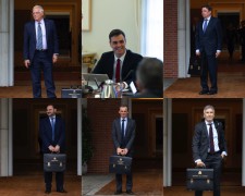 <p>Josep Borrell, Pedro Sánchez, Luis Planas, José Luis Ábalos, Pedro Duque y Fernando Grande-Marlaska en la primera reunión de ministros en La Moncloa.</p>