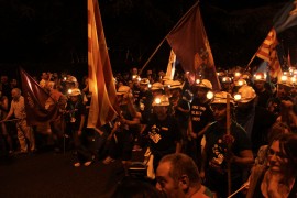 <p>Manifestación de mineros llegando a la plaza del Sol (Madrid), julio de 2012.</p>