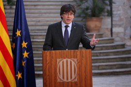 <p>Carles Puigdemont compadece el 28 de octubre de 2017, al día siguiente de la Declaración Unilateral de Independencia.</p>