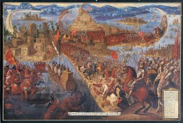 <p>La conquista de Tenochtitlán. Óleo del siglo XVII. Autor desconocido.</p>