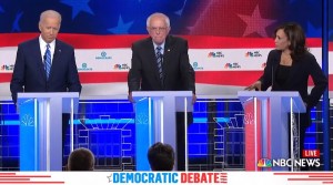 <p>Joe Biden, Bernie Sanders y Kamala Harris, en el segundo debate demócrata el pasado 28 de junio.  </p>