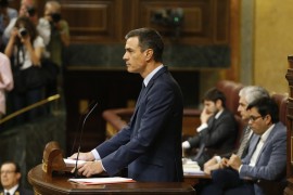 <p>Pedro Sánchez durante sus intervenciones en la sesión de investidura. </p>