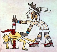 <p>Representación de un sacrificio humano en un códice prehispánico (Códice Laud).</p>