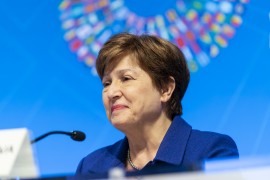 <p>Kristalina Georgieva durante una rueda de prensa tras la reunión de la asamblea del FMI.</p>