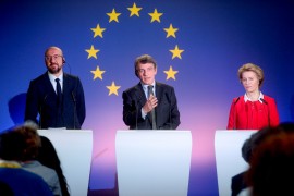 <p>El presidente del Consejo Europeo, Charles Michel, del Parlamento, David Sassoli, y de la Comisión, Ursula von der Leyen.</p>
