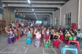 <p>Protesta de las trabajadoras de la fábrica Rui Ning en Myanmar.</p>