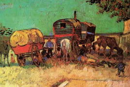 <p>Campamento de gitanos con caravanas. Vincent van Gogh (1888).</p>