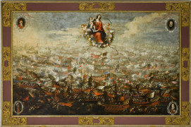 <p>La batalla de Lepanto, por Juan de Toledo y Mateo Gilarte (1663-1665), lienzo ubicado en la iglesia de Santo Domingo (Murcia).</p>