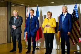<p>Boris Johnson, Emmanuel Macron, Angela Merkel y Joe Biden (de izquierda a derecha).</p>