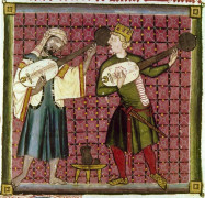 <p>Imagen de Cantigas de Santa María de músicos europeos e islámicos del siglo XIII tocando instrumentos de cuerda. Cántico n°120. siglo 13.</p>