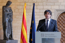 <p>Comparecencia de Carles Puigdemont, en el Palacio de la Generalitat, el 26 de octubre. / <strong>Generalitat</strong></p>