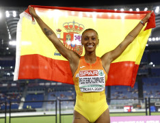 <p>Ana Peleteiro celebra su victoria en triple salto en el Europeo. / <strong>Miguélez Team, rfea.es</strong></p>