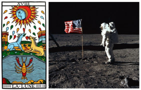 <p>A la izquierda, la Luna del Tarot de Marsella restaurado por Jodoroswky y Camoin. A la derecha, el astronauta Aldrin sobre la superficie lunar (NASA). / <strong>M. Á. O. L.</strong></p>