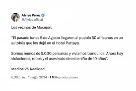 <p>Tuit del eurodiputado Alvise Pérez en el que insinúa una relación entre migración y un supuesto aumento de la violencia en Mocejón (Toledo), del 18 de agosto. / <strong>@Alvise_oficial_</strong></p>