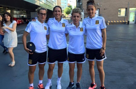<p>Priscila Borja (izq), Silvia Meseguer, Amanda Sampedro y Lola Gallardo. cuatro mundialistas del Atlético Féminas.</p>