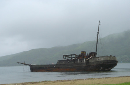 <p>Un viejo barco abandonado, encallado en una bahía.</p>