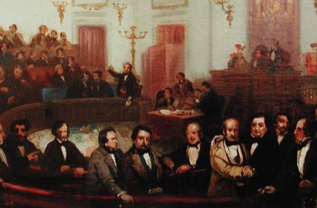 <p><em>Escena parlamentaria</em>, 1855. Obra de Eugenio Lucas Velázquez.</p>