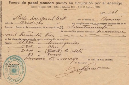 <p>Documento emitido por el Gobierno franquista al confiscar dinero en moneda republicana, y que hoy conservan hijos y nietos de la guerra.</p>
